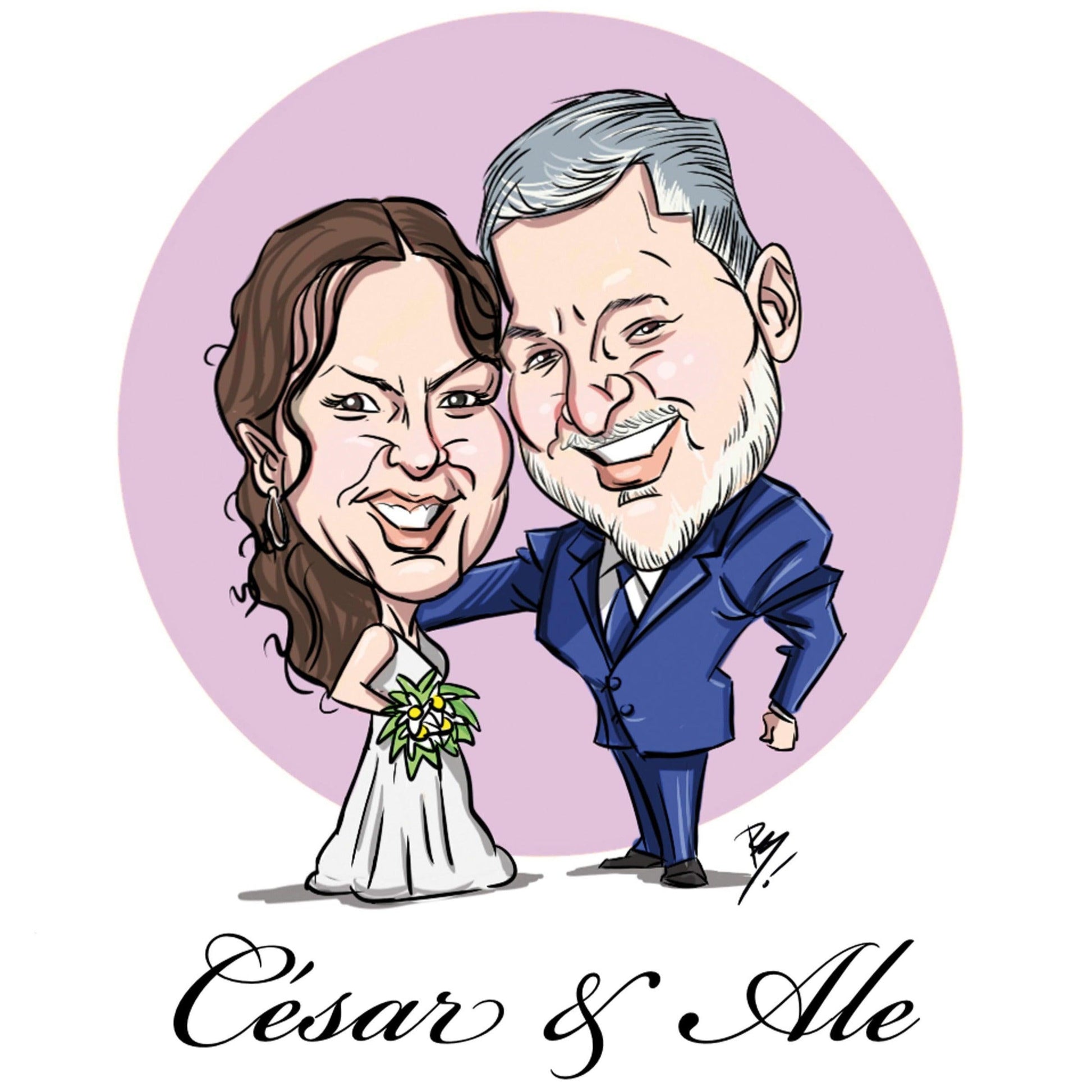 Caricatura personalizada de pareja de novios a color